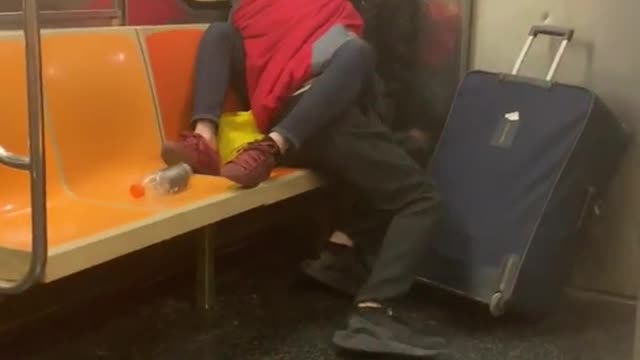 Couple makes out in the corner of a subway train