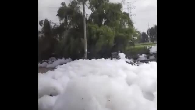 Polluted river near Colombia's capital blows toxic foam into residential areas