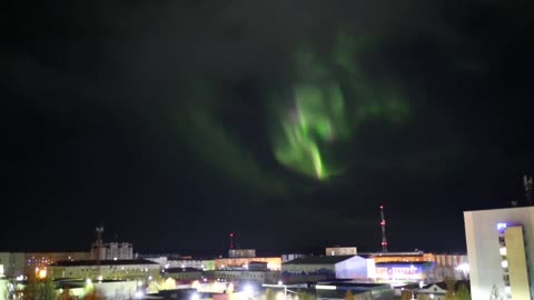 Northern Lights of the city. Nadym