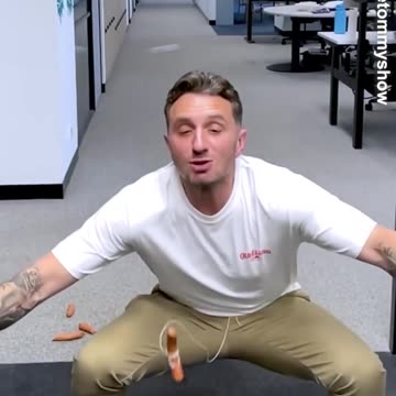 Carrie Bickmore and Tommy Little try to swing sausage in their mouth