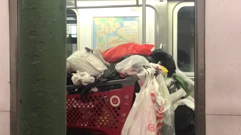 Target cart full of trash bags on subway car
