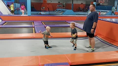 Trampoline park both toddlers and dad