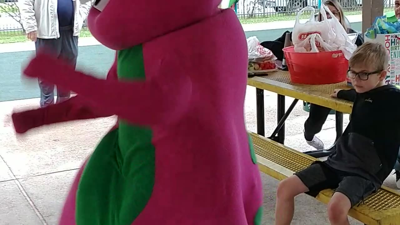 houston mascot party character purple dinosaur Barney marches at teddy bear park