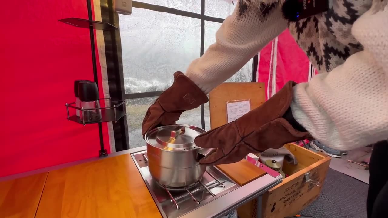 HOT TENT CAMP WITH STOVE IN RAIN AND SNOW