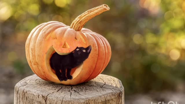 Cat agents to sit in the pumpkin