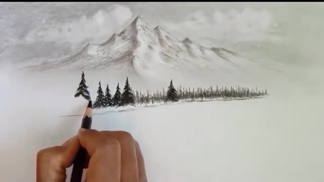 Pencil drawing landscape scenery/ Snow mountain landscape drawing with pencil