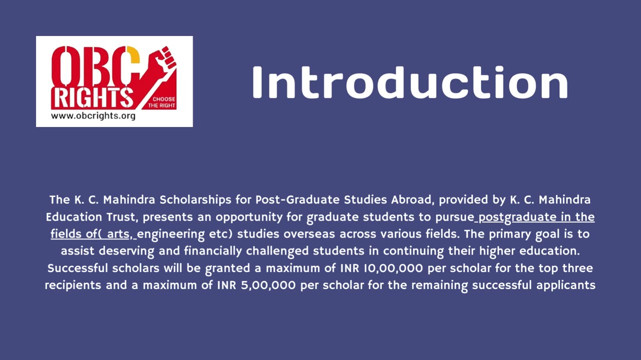 K. C. Mahindra Scholarships For PG students in India