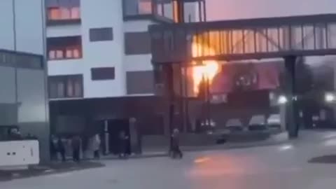 A Russian plane attacks a building in Ukraine. Russia attacked