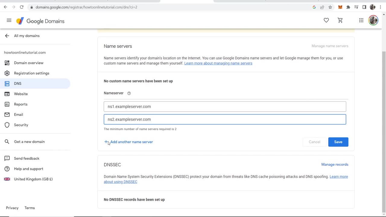 google domain change Name server
