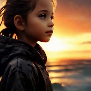 cute little girl with the rainy sunset coast ai video animation