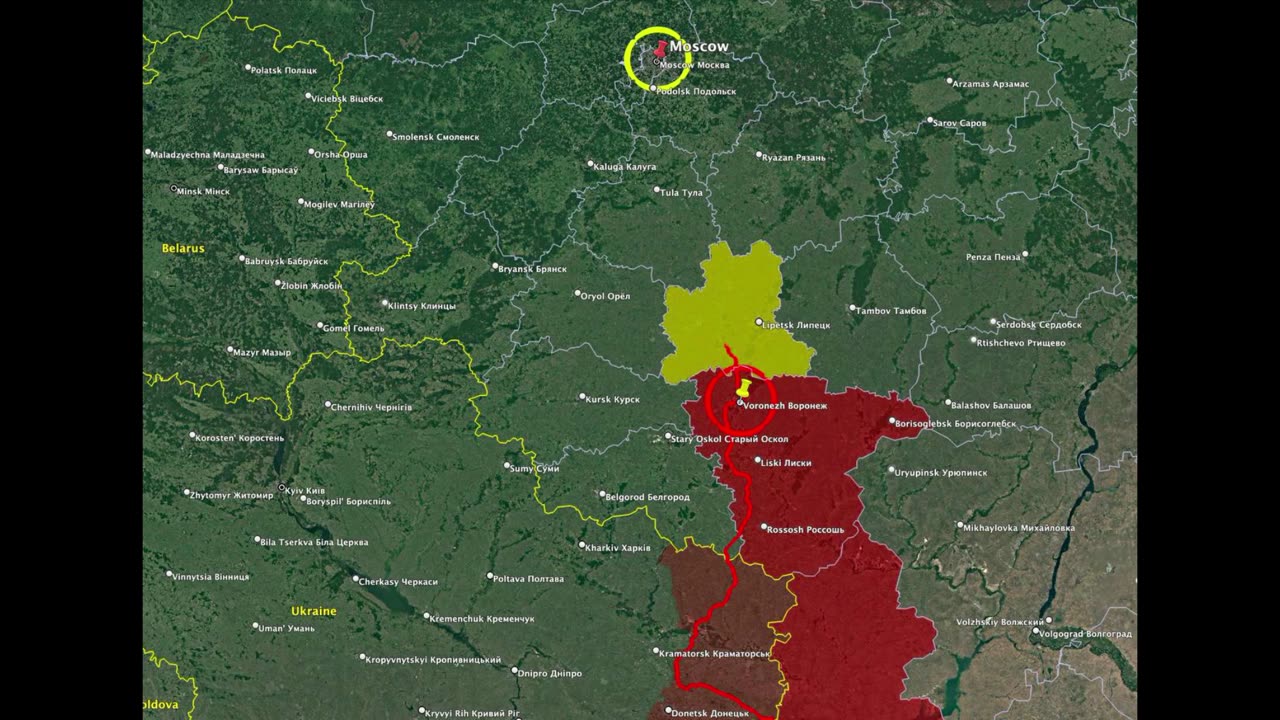 A map of the progress of Wagner columns through the Voronezh and Lipetsk regions