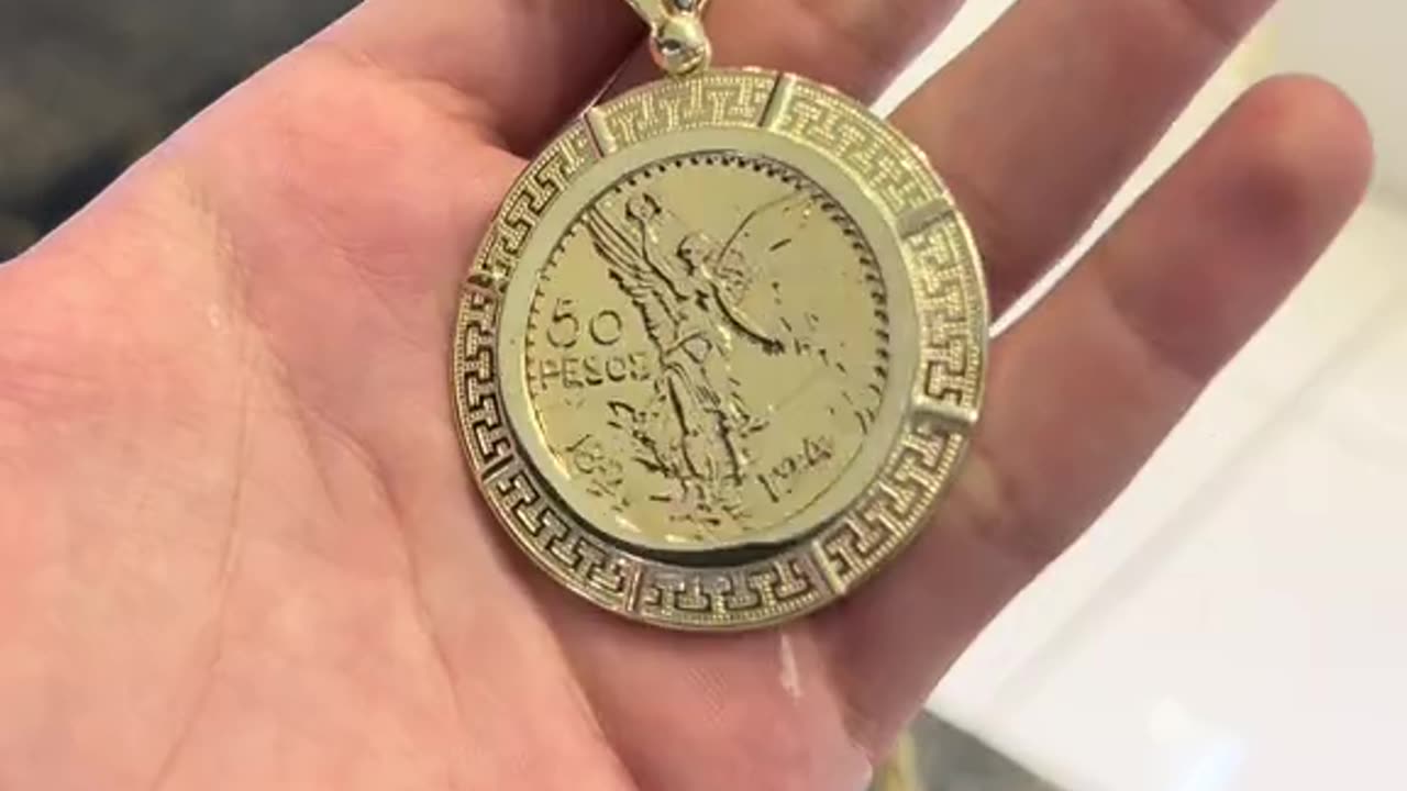 Solid Gold Chino Link Chain & Replica 10K Gold Centenario Pendant