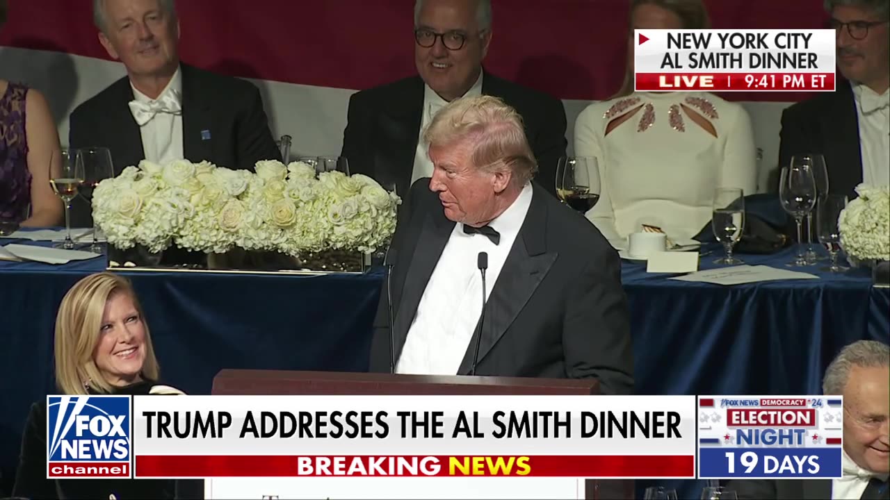 President Trump makes the audience laugh at the Al Smith Dinner.