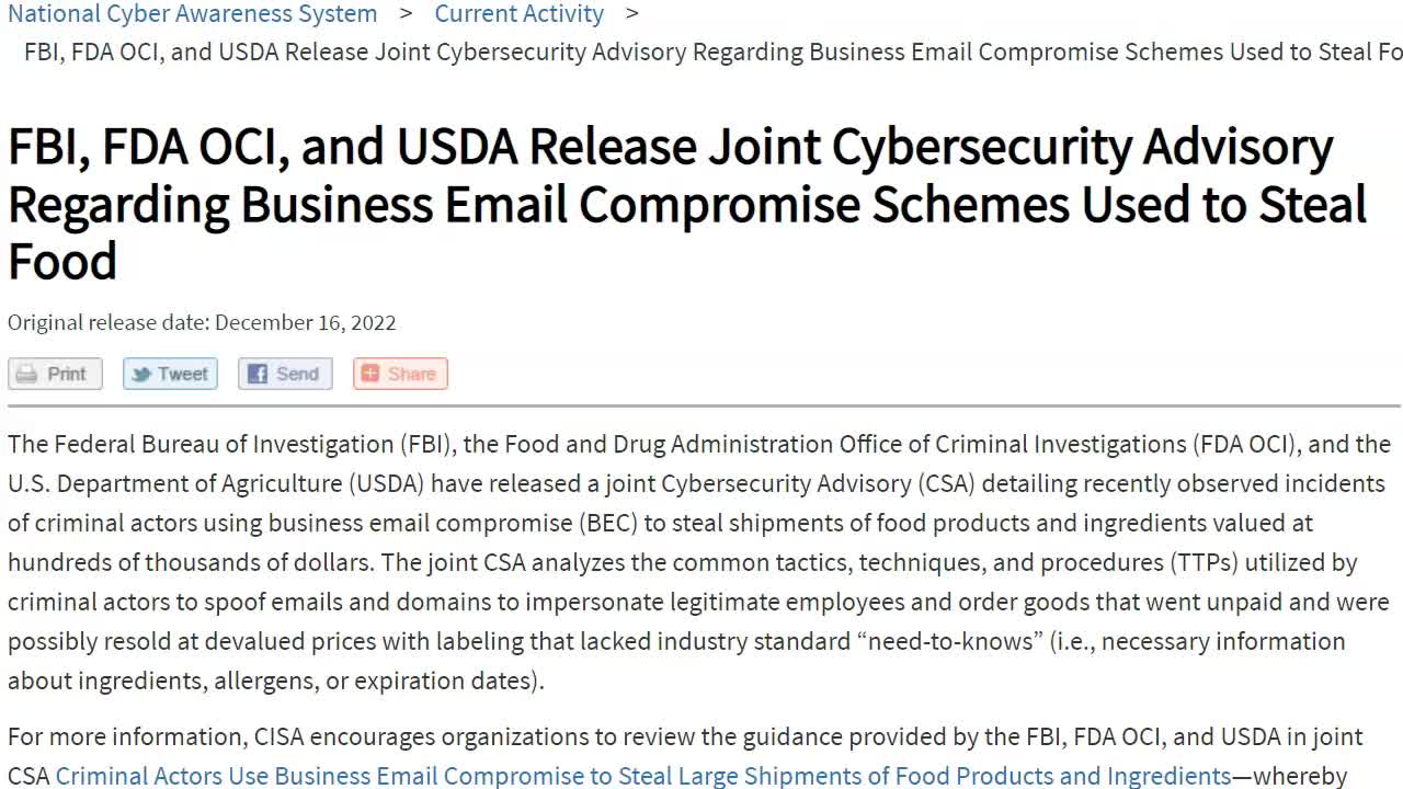 Joint Cybersecurity Advisory Regarding Business Email Compromise Schemes Used to Steal Food