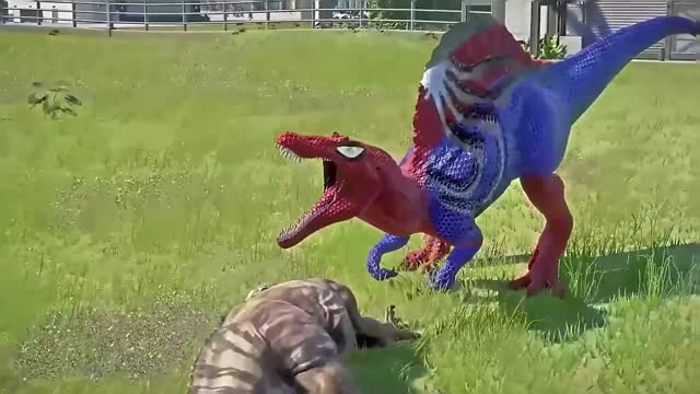 Spiderman Spinosaurus vs Batman, Chomper Dinosaur Fights in Jurassic World Evolution