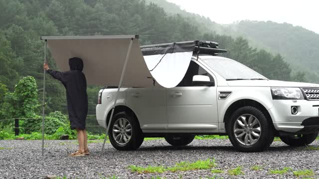 Mountain top single car camping in a heavy downpour with soothing rain sounds