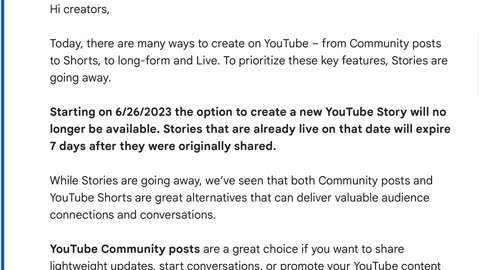 Youtube will remove stories on June 26, 2023.