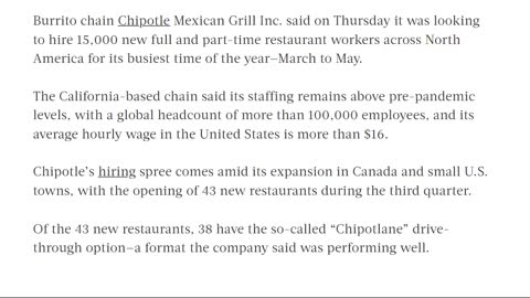AUDIBLE Chipotle to Hire 15,000 Workers Across North America