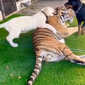 baby Snowy fun with tiger and dog 😻😂