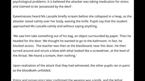 Female Teacher Is Stabbed To Death By 16 Year Old Pupil 'Possessed By The Devil' During Class