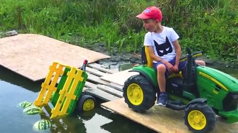 Johnes Rides on Tractor \ Kids Pretend Play riding on Truck Toys gathering watermelon