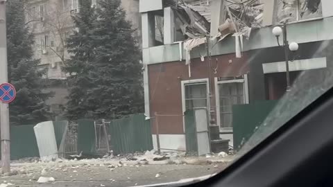 Consequences of a Ukrainian MLRS attack on Donetsk city centre.