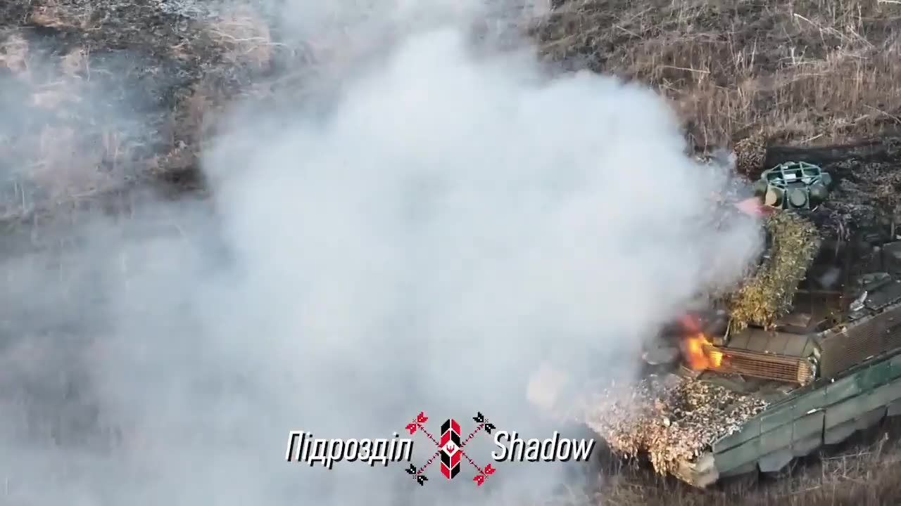 An abandoned Russian T-90M is destroyed by a Drone Drop Munition