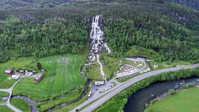 aerial footage from tvindefossen waterfall from the birds eye view norway