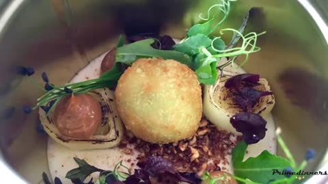 Leek, garlic, cheese and ramsons appetizer croquette, pecan, chives emulsion, gel of apple syrup