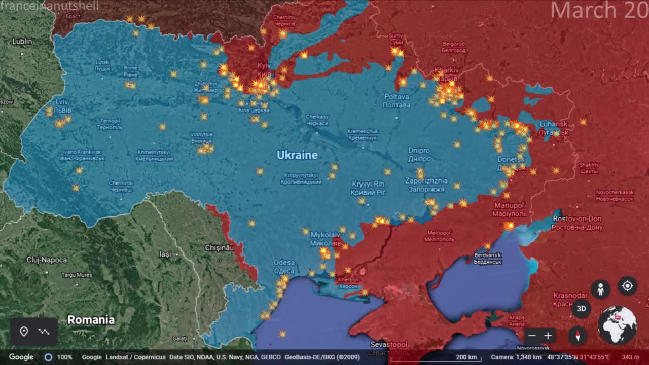 Russo-Ukrainian War 20th of March Mapped using Google Earth