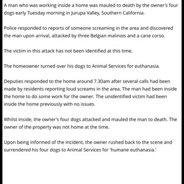Man Is Mauled To Death By 4 Dogs - 3 Belgian Malinois & 1 Cane Corso - California