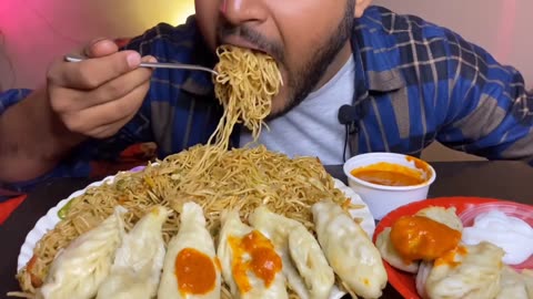 ASMR 🔥EATING Paneer Chaumine 🤤 , Mushroom , Paneer ,Vej MOMO 🥟 with special chutney