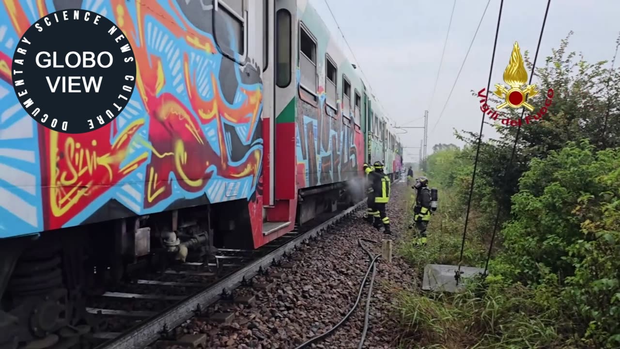 Fire breaks out in a train, fire brigade operation in Felonica town (Italy)