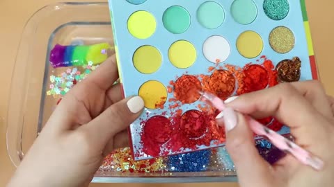 Mixing"Rainbow" Eyeshadow and Makeup,parts,glitter Into Slime!Satisfying Slime Video!★ASMR★