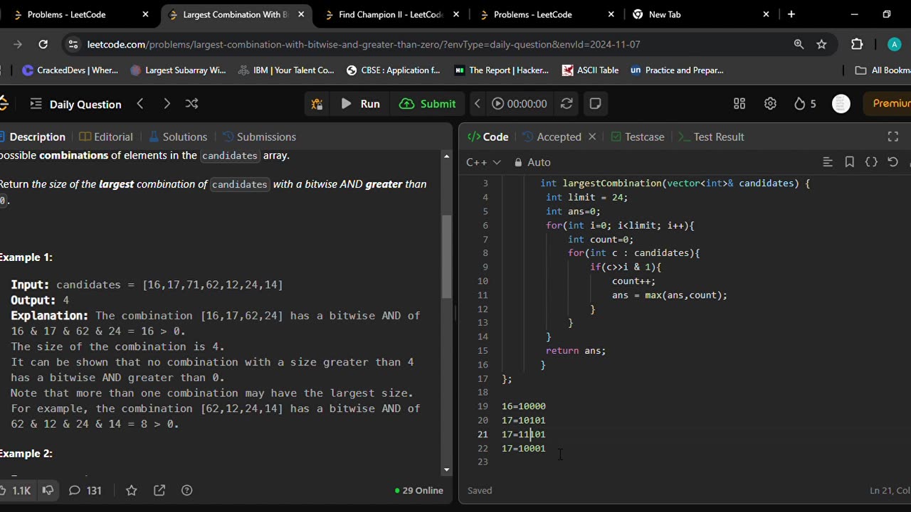 2275. Largest Combination With Bitwise AND Greater Than Zero