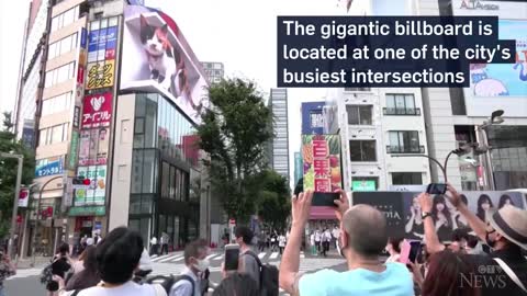 Giant 3D cat billboard dazzles in Tokyo