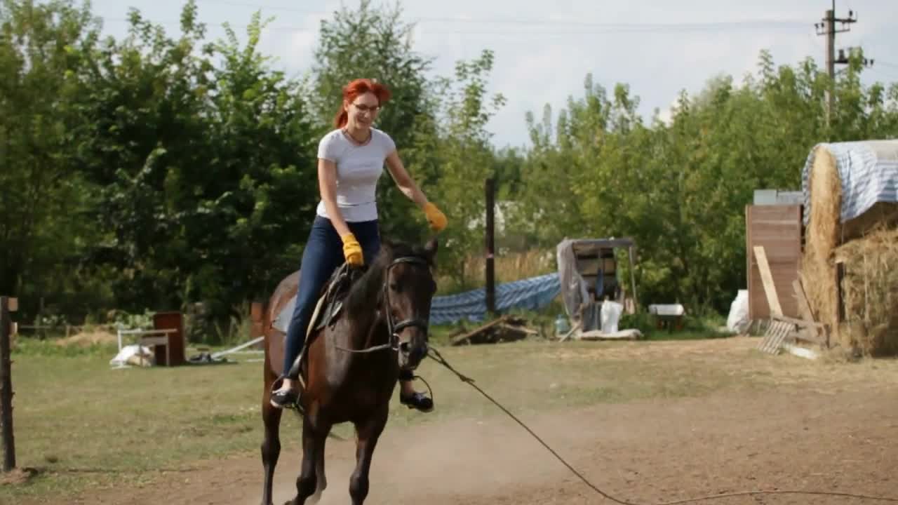 Girl on horse receives lesson of horse riding - equestrian sport, slow-motion