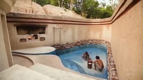 100 days building a modern underground hut with a cross roof and a swimming pool