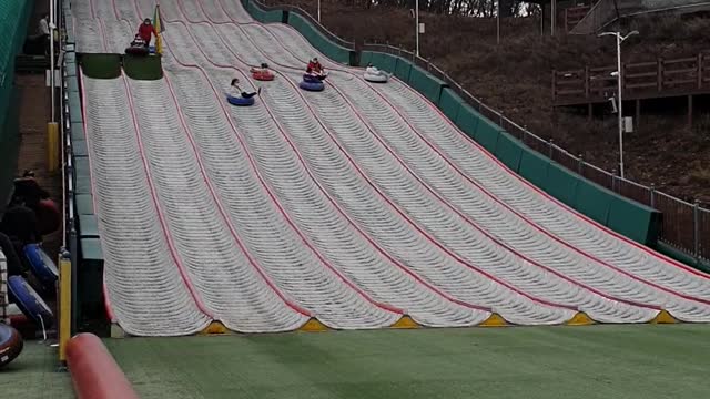 Children on grass sleds.