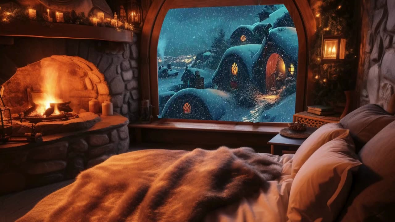 1 Hour Sleep Video: Snowy Night in a Winter Hobbit Home Fireplace Fire Sounds and Light Wind