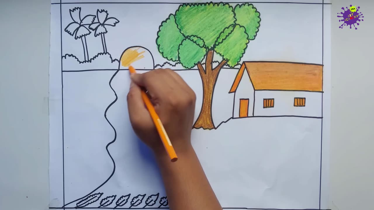 How to draw village scenery easy landscape drawing step by step