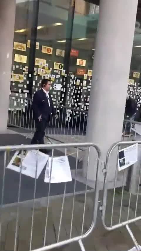 Stickers on BBC Studio represent deaths caused by COVID vaccines.