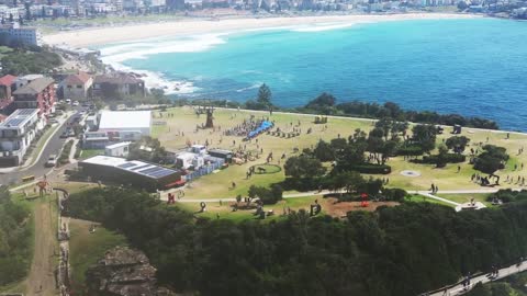 Ukrainian flag unfurled at Sculpture by the Sea, Bondi