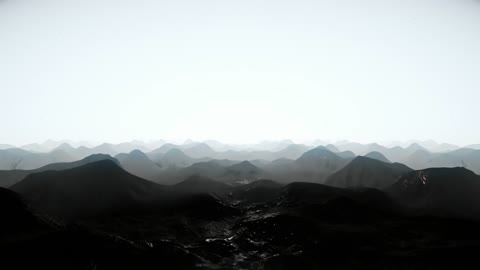 Flying over silhouettes of mountains on a planet