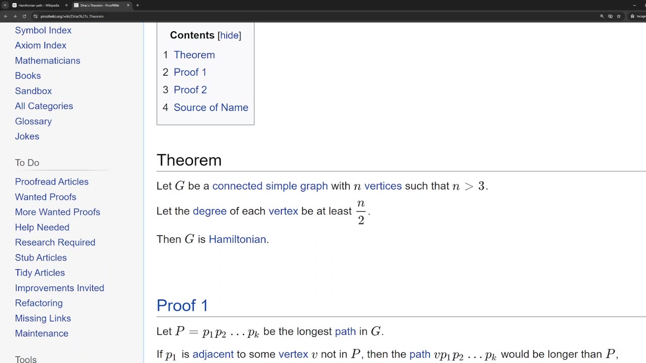 The incorrect proof of the Dirac's theorem about Hamiltonian graphs on ProofWiki