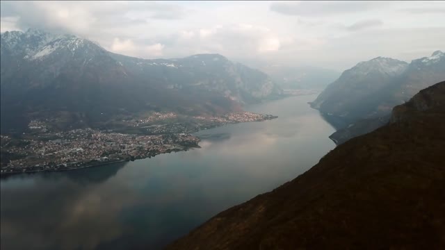 drone flying over magreglio lake como italy