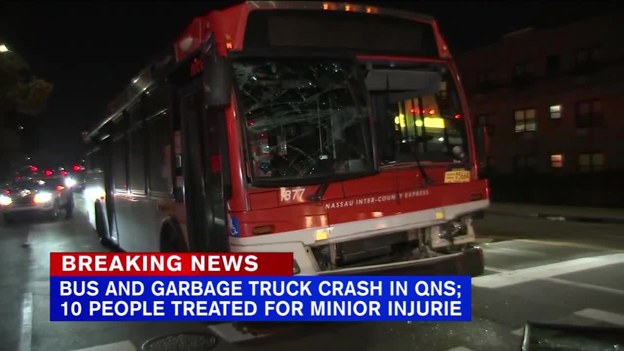 10 hurt after bus collides with garbage truck in Queens