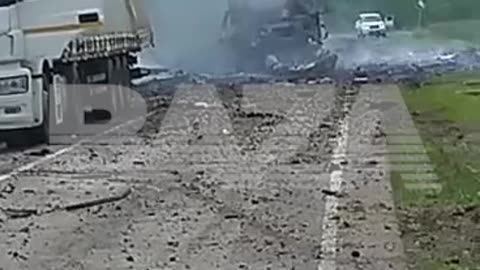 Footage of a destroyed car on the highway near the Bugaevka village in the Voronezh region.