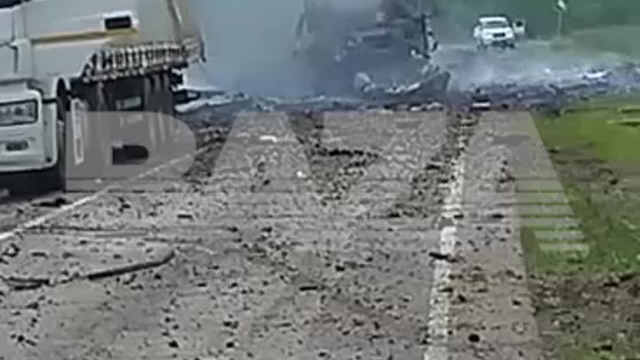 Footage of a destroyed car on the highway near the Bugaevka village in the Voronezh region.