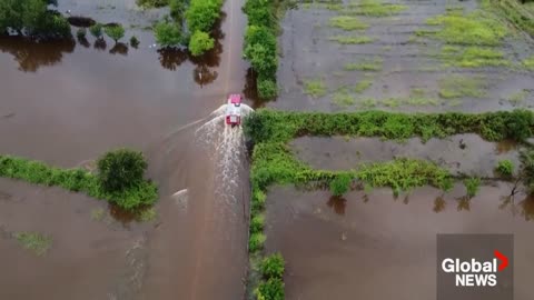 Greece floods: Drone video shows villages under water, bridge destroyed